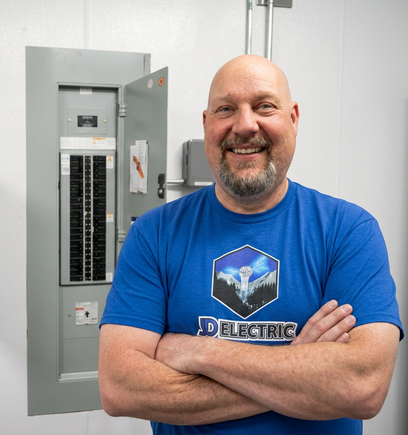 Jason Duckworth, owner of JD Electric LTD, smiling in front of commercial electrical panelboards