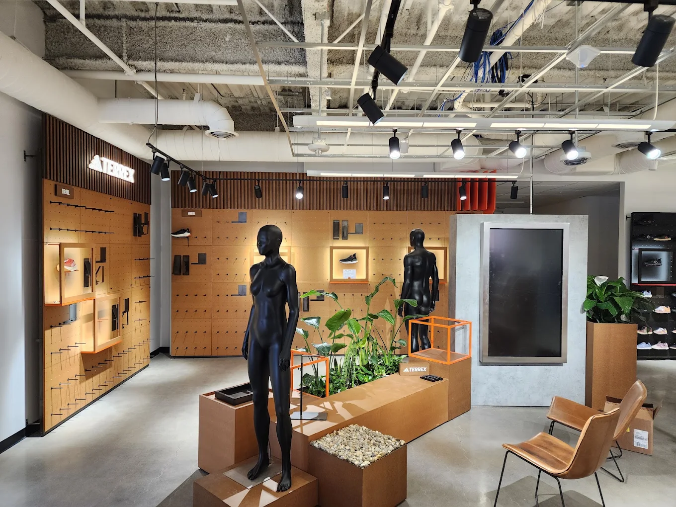 Retail store interior with track and linear lighting on an open ceiling