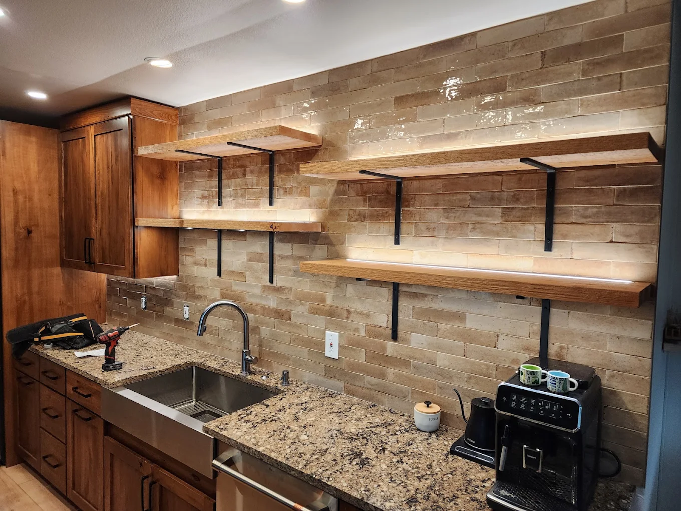 Kitchen remodel with LED under-shelf lighting and new outlets
